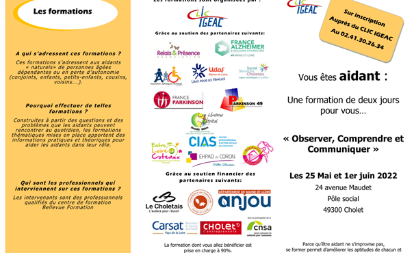 FORMATION AIDANT : 25 mai et 1er juin 2022 à Cholet